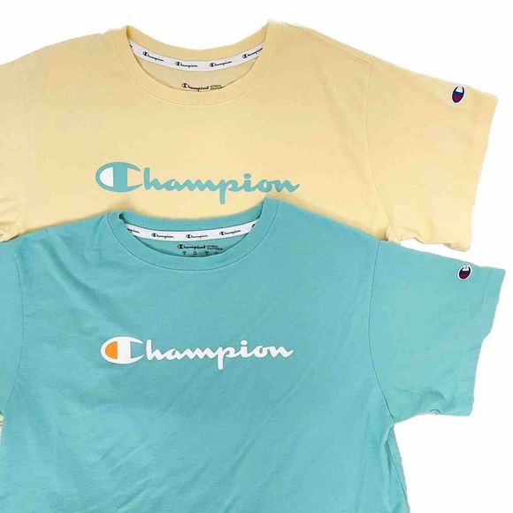 Champion Cropped Tshirt Oversized M L Top Bundle Short Sleeves Knit Yellow Aqua - Picture 8 of 16